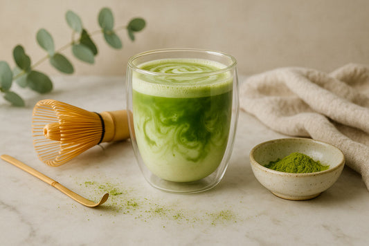 Matcha latte sur une table en marbre.