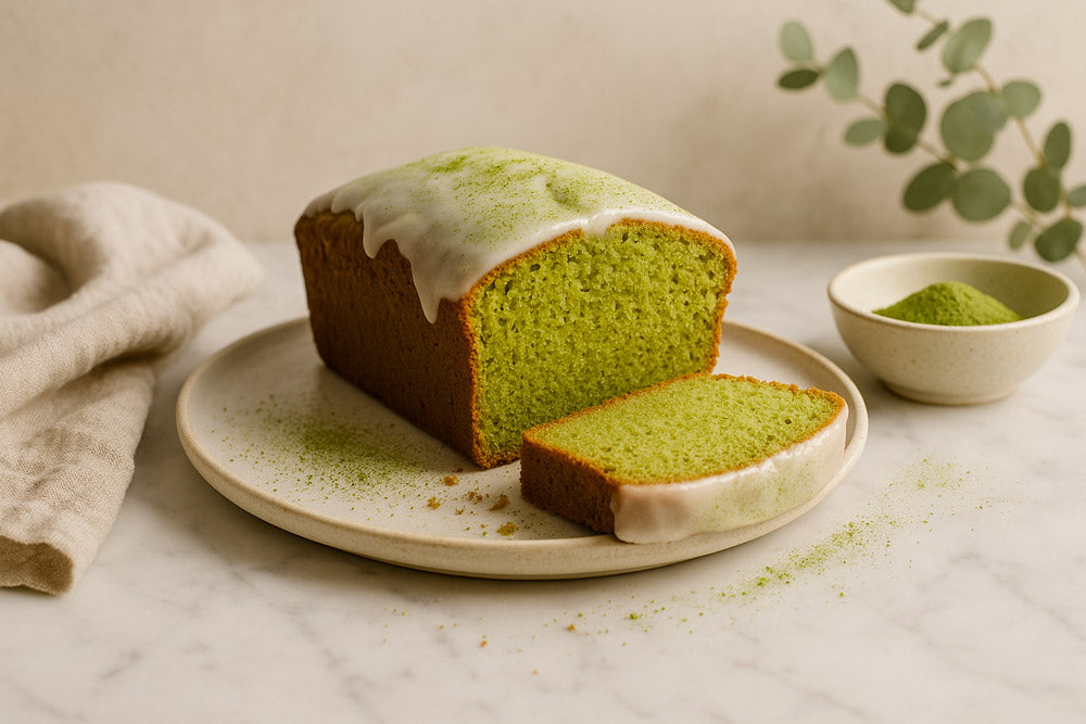 Cake au matcha dans une assiette sur une table en marbre